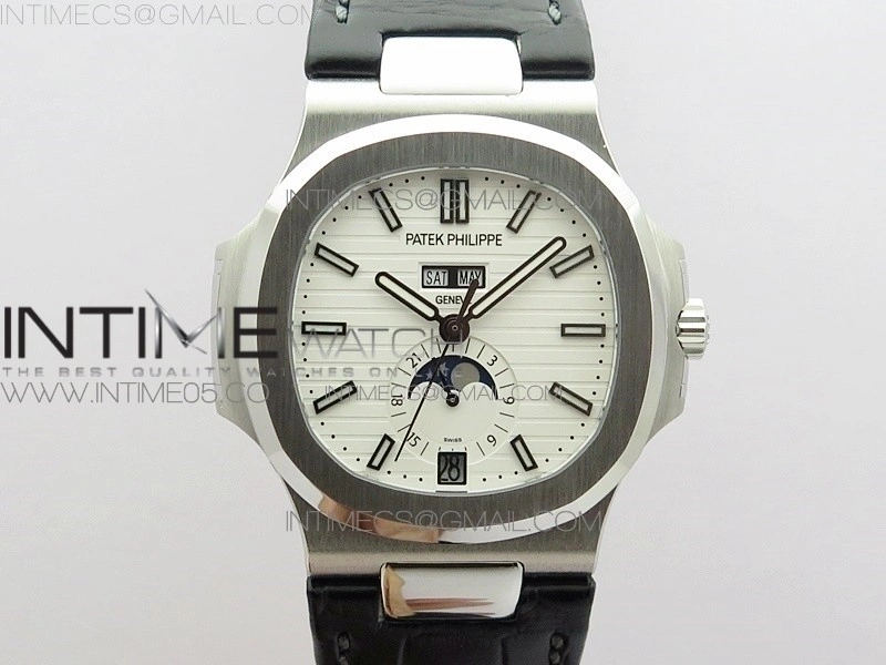 NAUTILUS 5726 SS GRF 1:1 BEST EDITION WHITE DIAL WORKING ANNUAL CALENDARON BLACK LEATHER STARP A.324 V2
